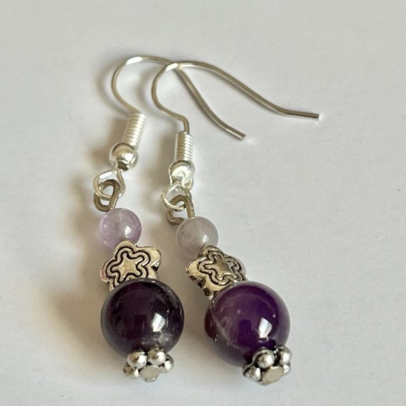 Lavender Purple Amethyst Bead Earrings Silver Plated Flower Dangle Semiprecious - Picture 2 of 7